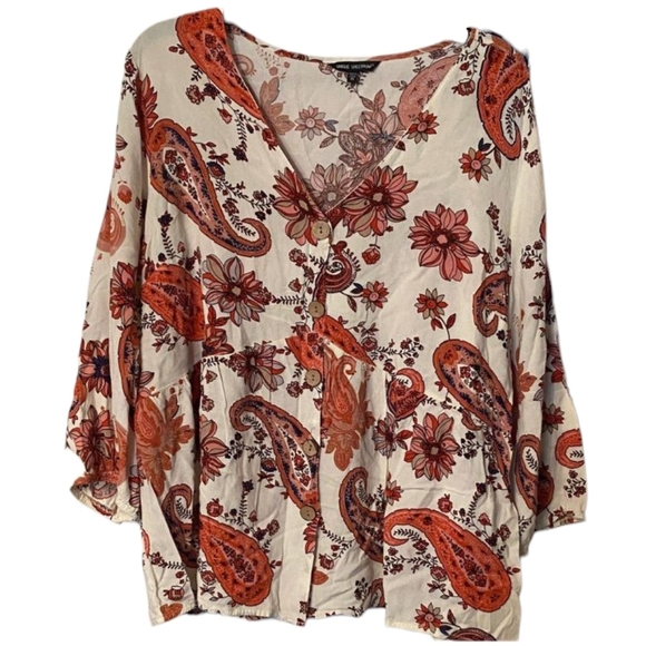 Unique Spectrum Tops - Unique Spectrum Floral Paisley Blouse - Red and Cream